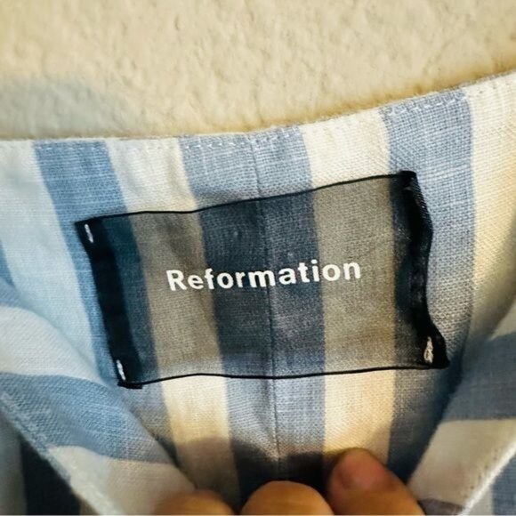 Reformation Torta Linen Blue Stripe Sleeveless Button Front Jumpsuit Size 10 - Picture 12 of 14